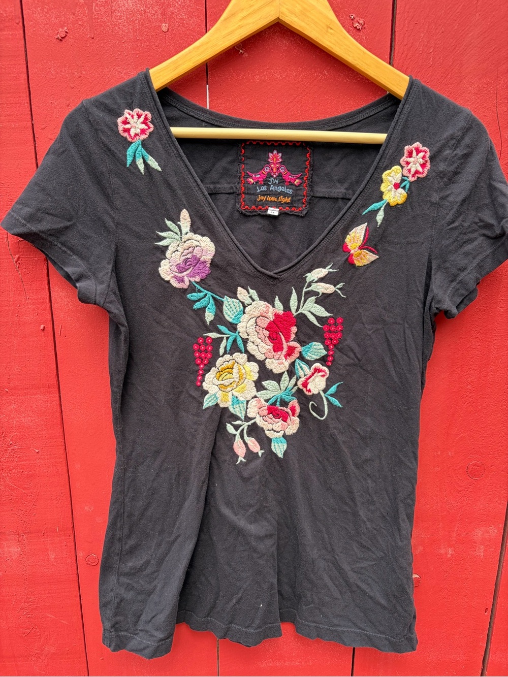 Johnny Was Black V-Neck Embroidered Floral Tee